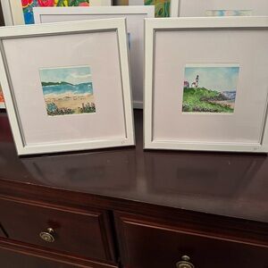 Original 9x9” White Framed Coastal Art Paintings. Set of 2